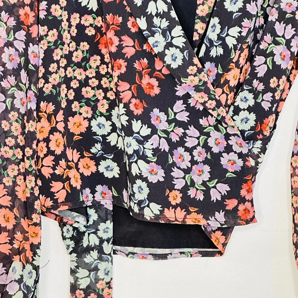 Lovers + Friends Michaela Top Women XS Black Floral Wrap V-Neck Long Sleeve